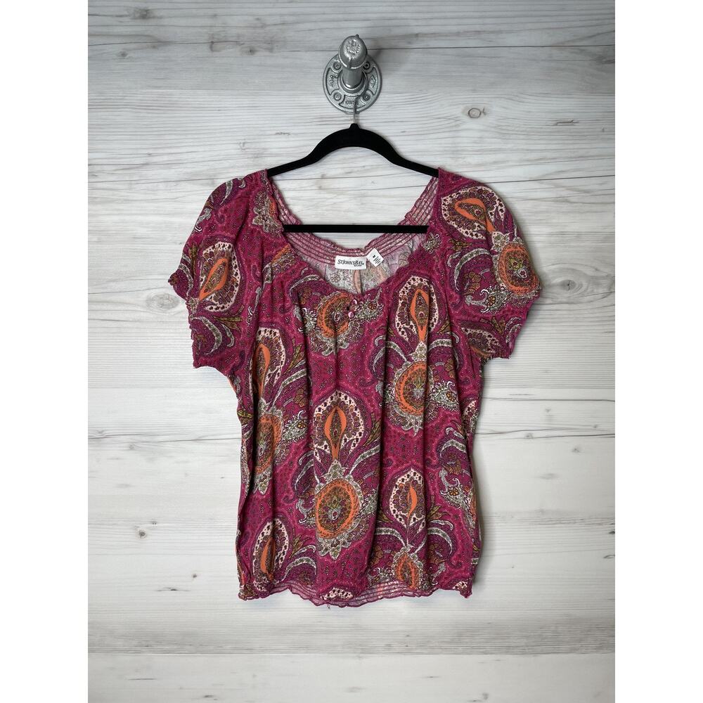 St. John's Bay Shirt Womens Medium Pink Paisley Peasant Top Short Sleeve Boho